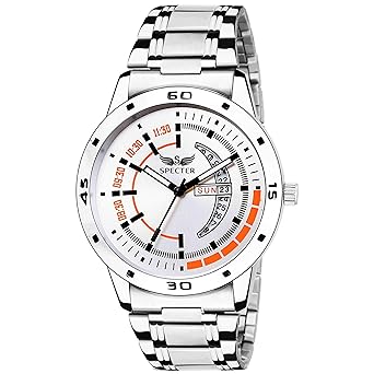 Specter Stylish Stainless Steel White Dial with Day and Date Display Premium Wrist Watch for Mens and Boys