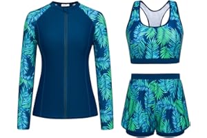 JASAMBAC Women's 3 Piece Rash Guard Long Sleeve Swimsuits with Boyshorts Zip Up UPF 50+ Swim Shirt Built in Bra