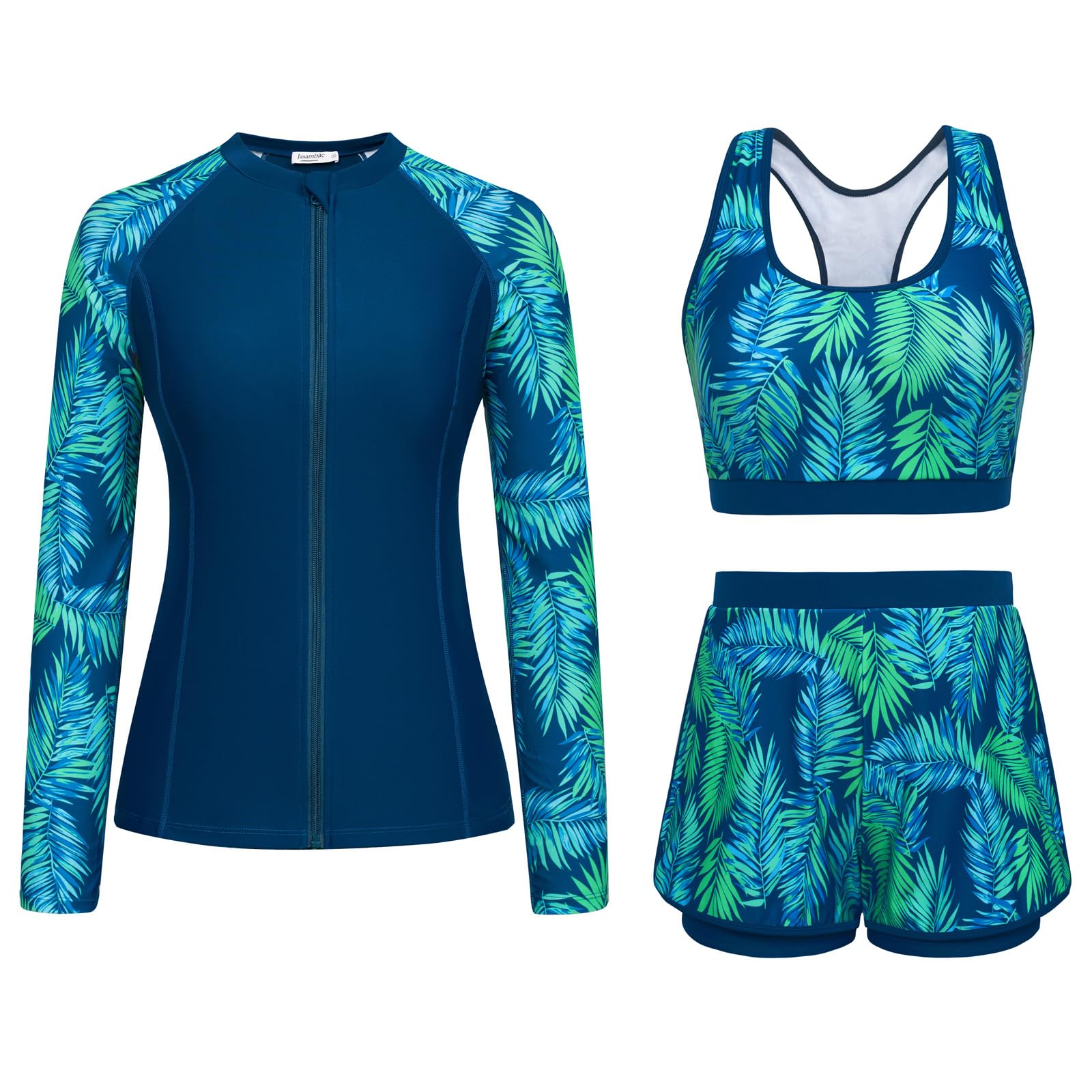Photo 1 of * SHIRT ONLY* JASAMBAC 2025 Summer Rash Guard for Women with Swim Bra Long Sleeve Swimsuits with Boyshort Bottom Zipper Swimsuits Green Leaves L