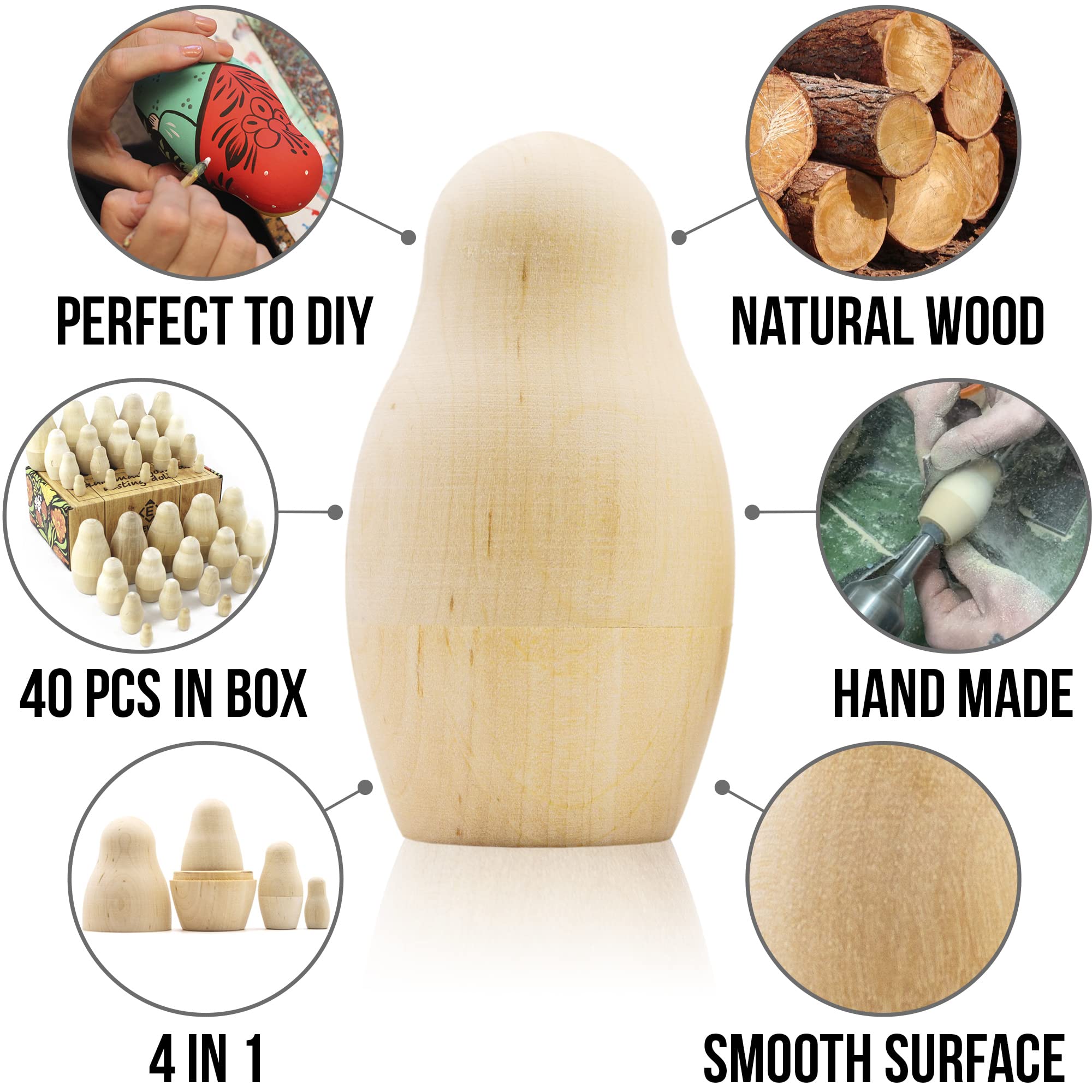 AEVVV Unpainted Blank Russian Nesting Dolls Lot of 10 Sets by 4 pcs - DIY Russian Nesting Dolls to Paint - DIY Blank Doll Wooden