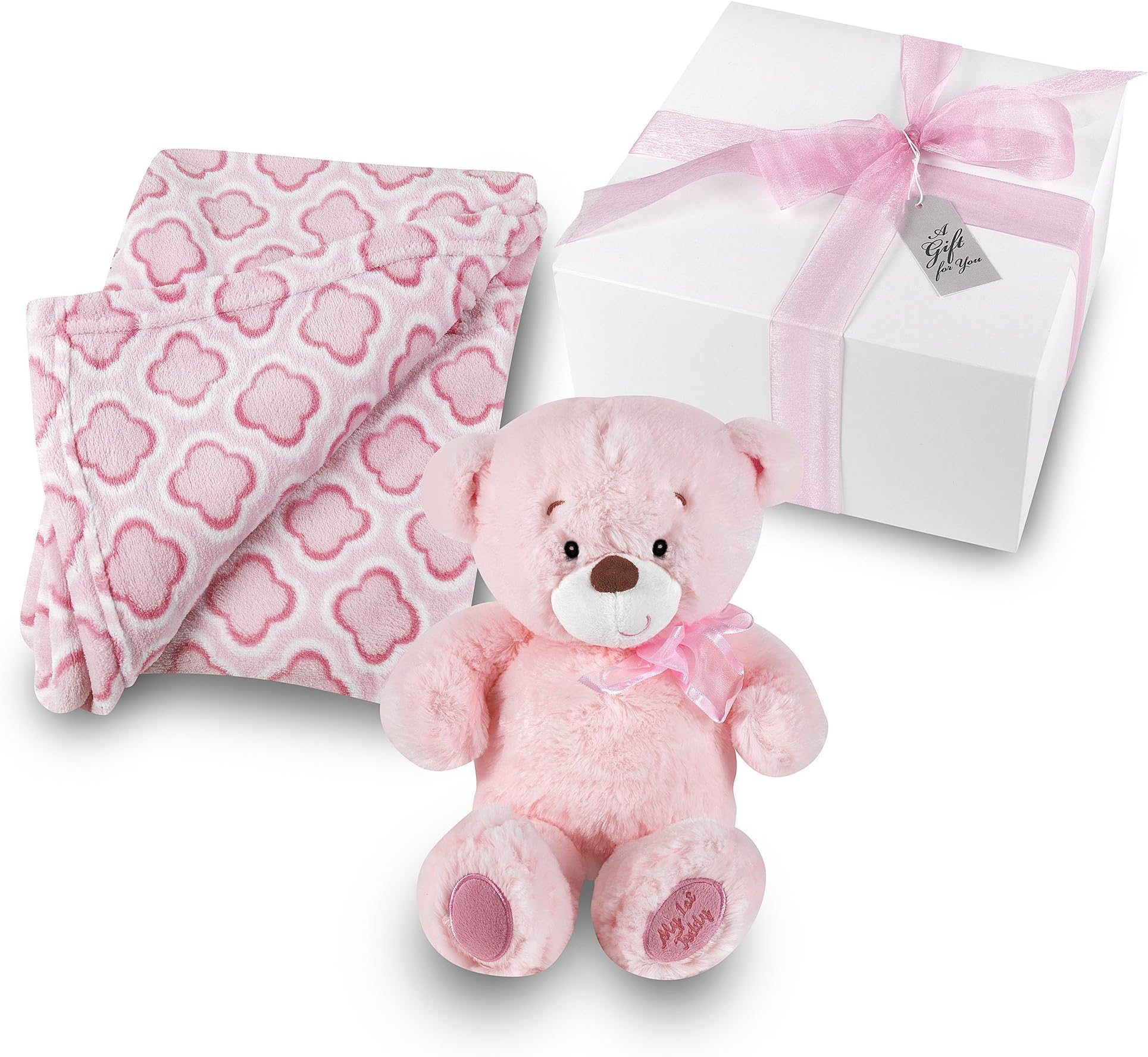 My First Teddy Baby Girl Gift Set - Pink Clover Print Coral Fleece Blanket with Plush Stuffed Pink Teddy Bear GIFT WRAPPED