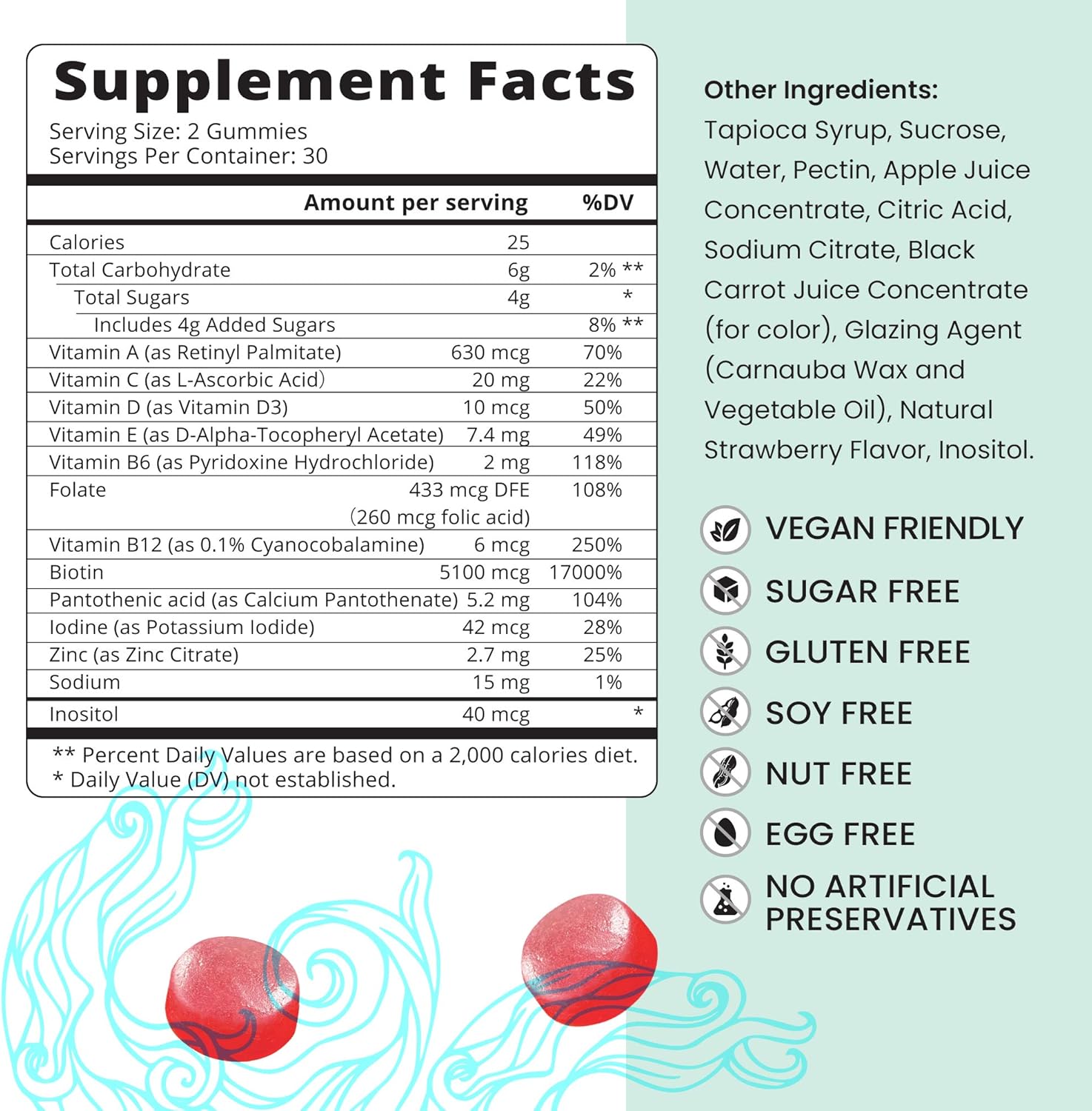Biotin Gummies with Hair MultiVitamins, Folate, Inositol - Supports Hair Growth, Skin, Nail, Vegan, Pectin Based - Strawberry Flavor (80 Count): Health & Personal Care
