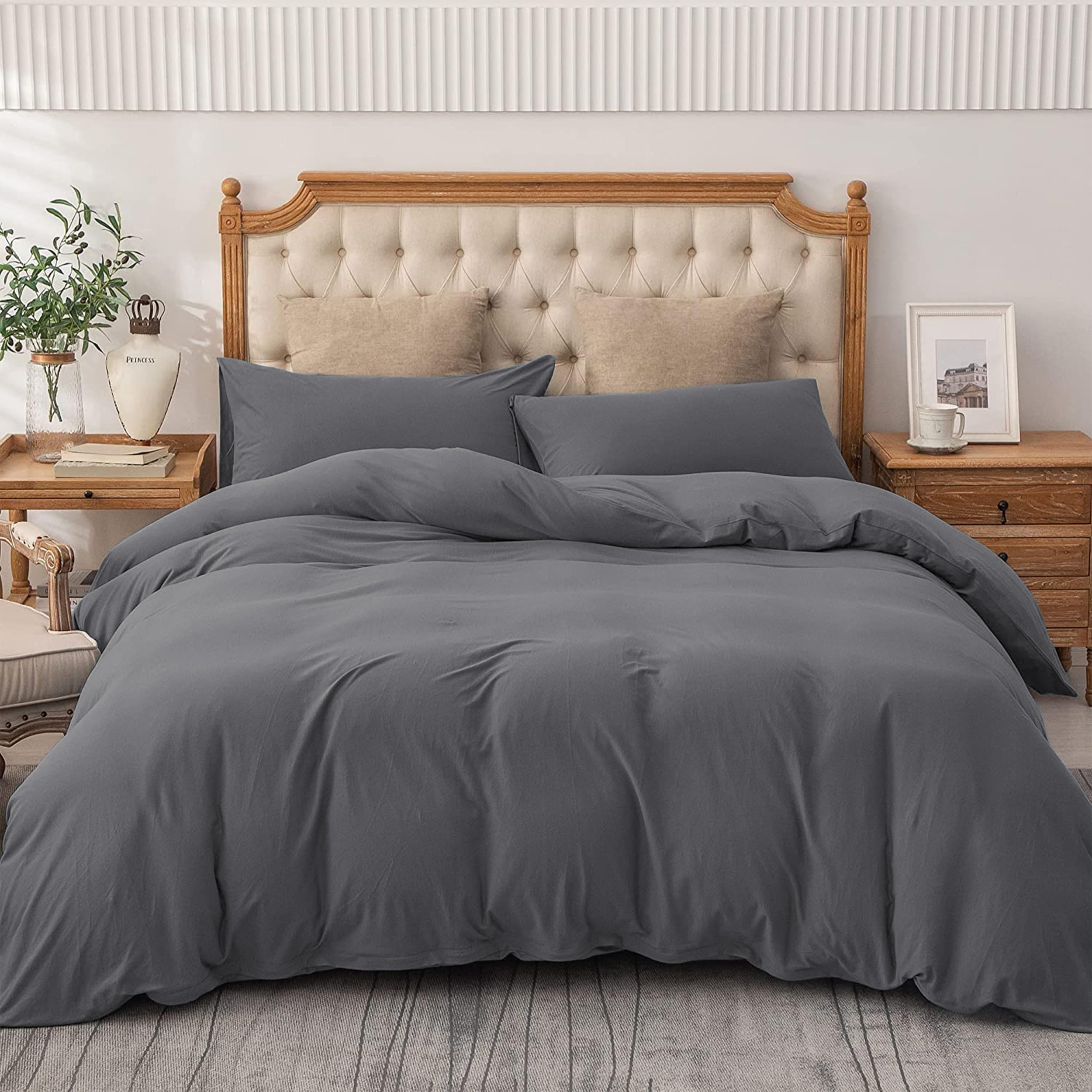 AMEHA Double Duvet Set 3 PCs Plain Dyed Quilt Grey Bedding with Pillowcases Breathable Soft Brushed Microfibre Bed Set