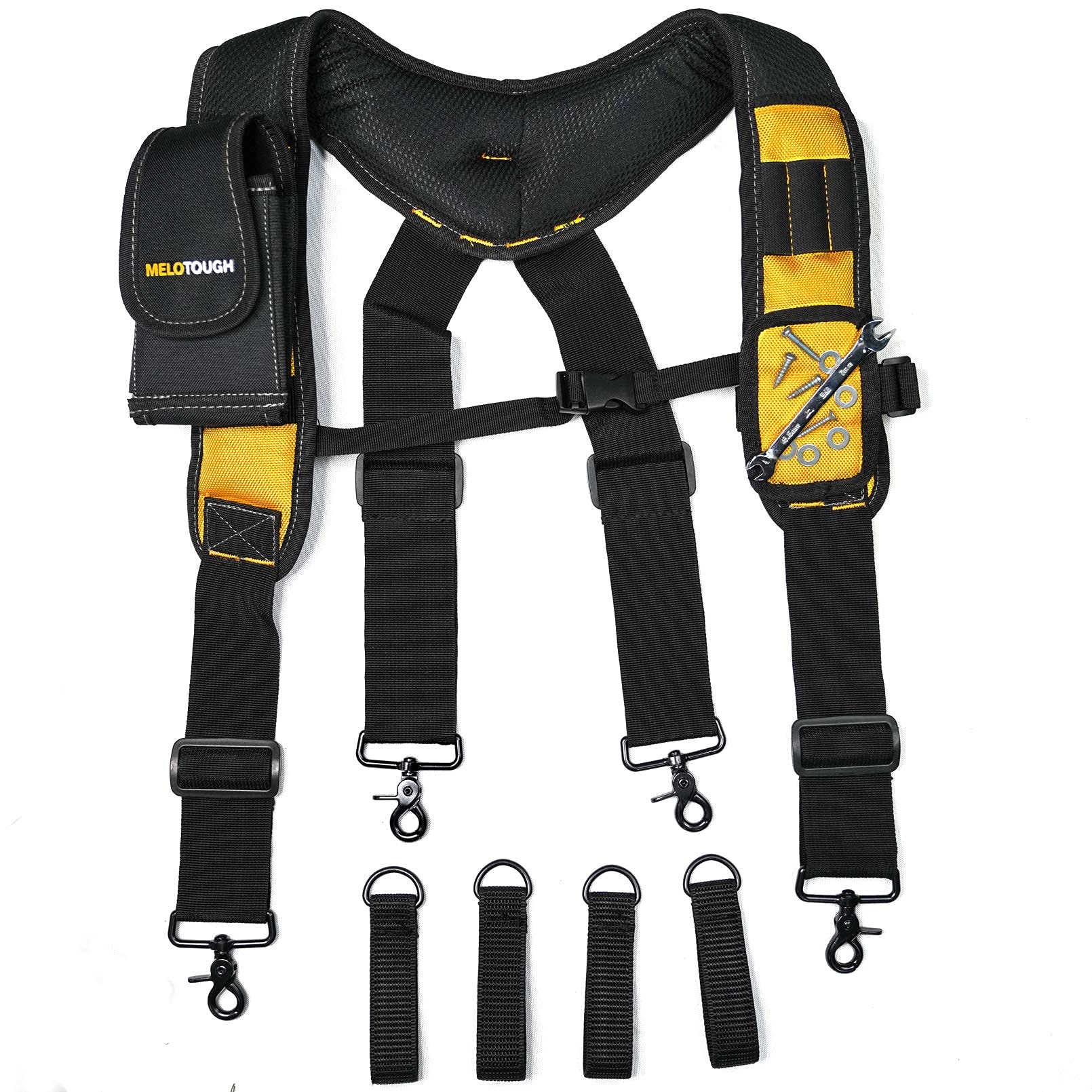MeloTough Magnetic Suspenders Tool Belt Suspenders with Large Moveable Phone Holder, Yellow, One Size fits Most