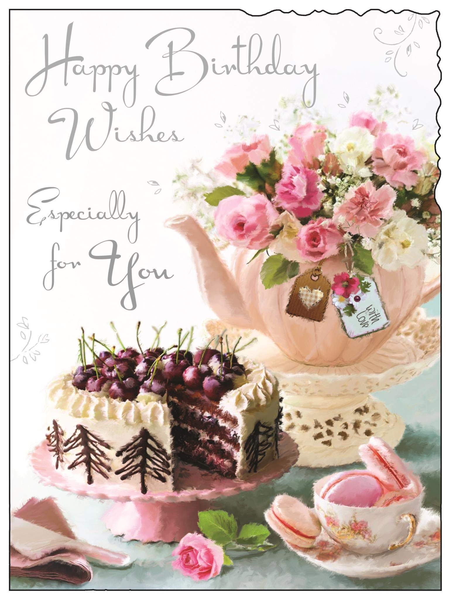 Jonny Javelin Birthday Card for Women - Floral Teapot and Cake - Foil and Flitter Finish - Premium Quality Birthday Greeting Card with Envelope