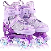 VleoX Roller Skates for Girls Kids Child Beginners, 4 Size Adjustable Light up Wheels Fun Illuminating Purple Pink Skates for Boys Toddlers Patines