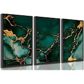 Kyczmys 3pcs Emerald Green and Gold Canvas Wall Art Unframed | Modern Abstract Gorgeous Fluid Marble Picture Living Room Wall Decor Poster Print Artwork for Bedroom Bathroom Office Decor