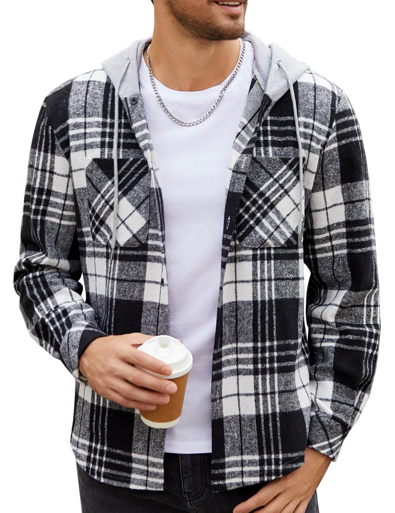 Photo 1 of COOFANDY Men's Flannel Hoodie Plaid Shirt Long Sleeve Button Down Casual Shirt Jacket Lightweight Fall Winter Shacket