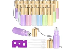 Mavogel Essential Oil Roller Bottles - 24 Pack 5ml Pearl Colored Glass Bottles with Stainless Steel Roller Ball, Essential Oil Key Opener and Droppers Included