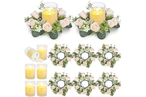 YMDOBIGER Artificial Rose Candle Rings Wreaths - 3 Inch Roses Flower Wreaths with LED Candles Eucalyptus Pillar Holder Wreath for Wedding Table Centerpiece Home Decorations, Champagne, 6 Sets