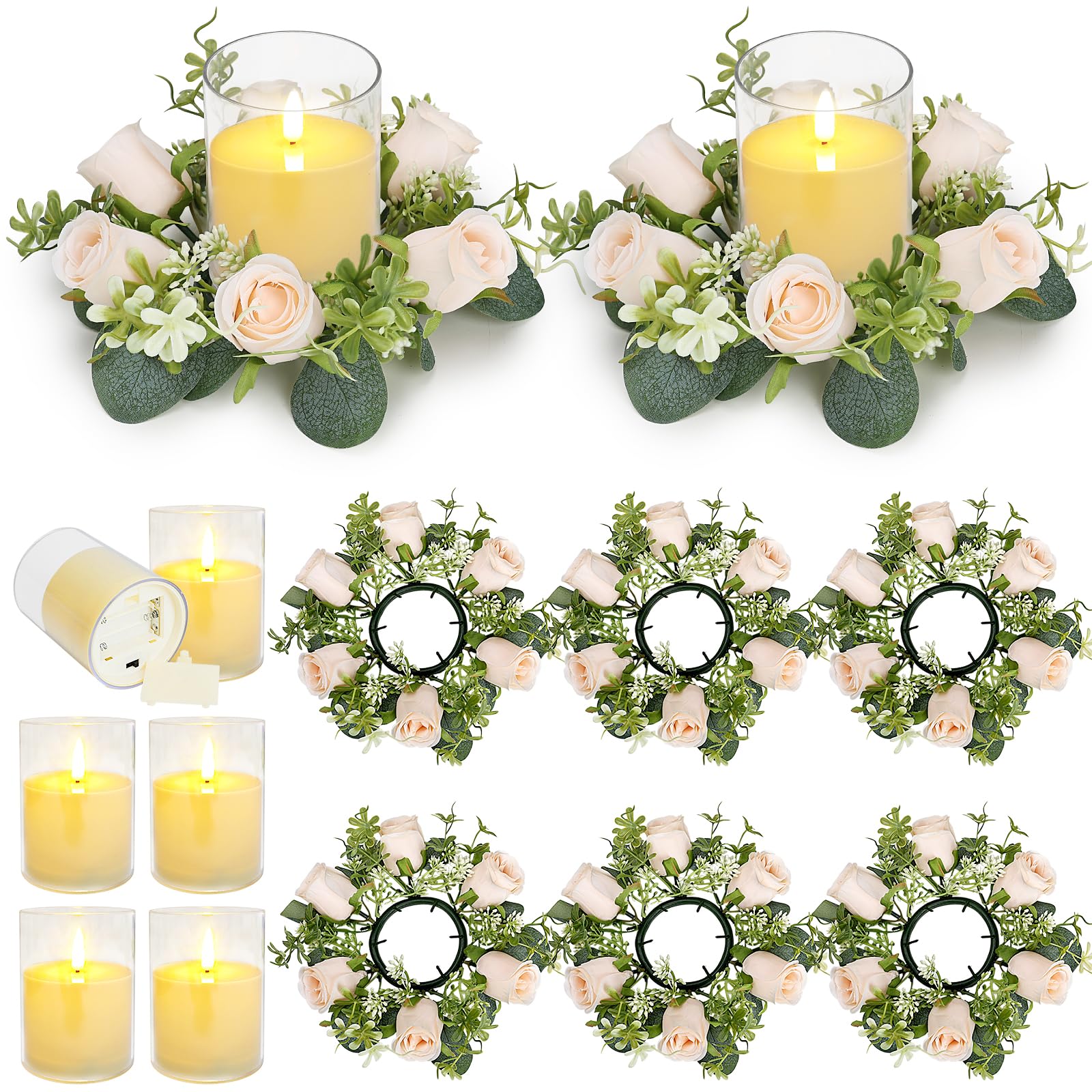 Photo 1 of YMDOBIGER Artificial Rose Candle Rings Wreaths - 3 Inch Roses Flower Wreaths with LED Candles Eucalyptus Pillar Holder Wreath for Wedding Table Centerpiece Home Decorations, Champagne, 6 Sets
