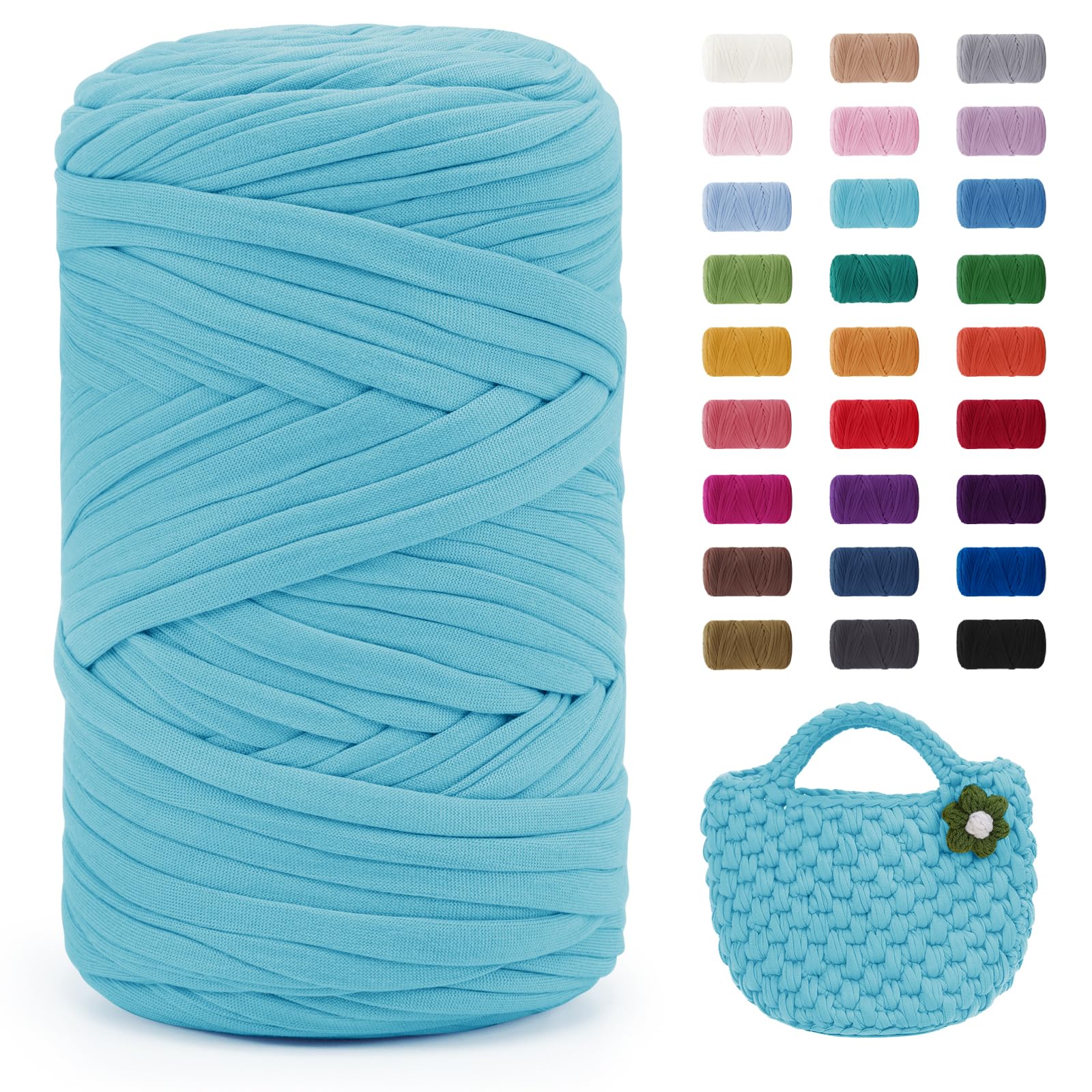 Uiopa Aqua Blue T-Shirt Yarn, 400g/120m Elastic Fabric Crochet Cloth T Shirt Yarn, Chunky Hand Knitting Polyester Ribbon for Crocheting Bags/Baskets/Rugs, Home Decor, DIY Crafts