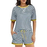Ekouaer Pajamas for Women Short Sleeve Pjs Sets Crewneck Striped Tops and Shorts 2 Piece Lounge Sets with Pockets S-XXL