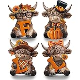 Sosation 4 Pcs Fall Highland Cow Figurines Autumn Pumpkin Highland Cow Gnomes Maple Leaf Scottish Resin Statue Calf Lovers Gifts for Thanksgiving Home Garden Kitchen Office Tiered Tray Table Decor