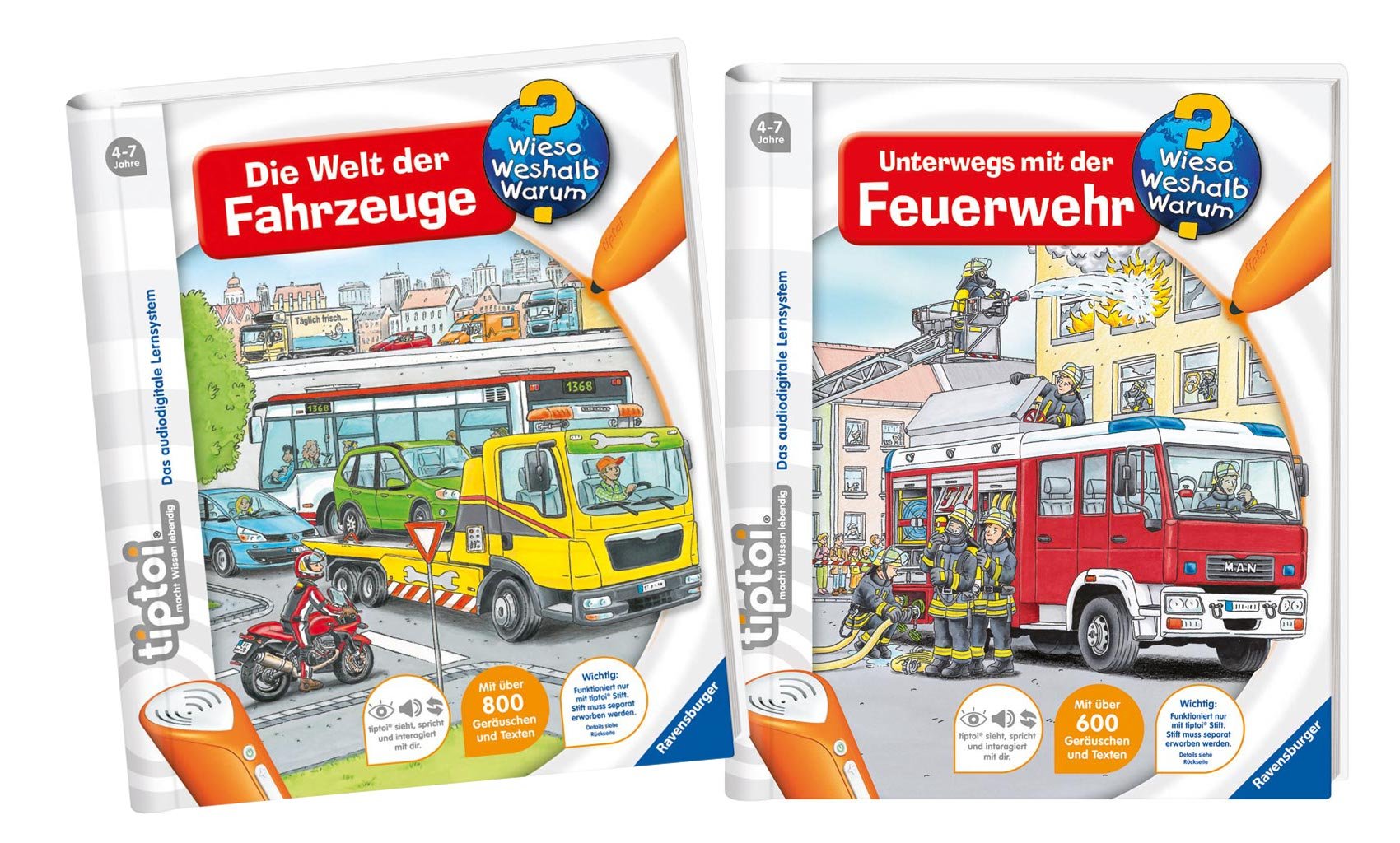 Tiptoi The world of vehicles + On the go with the fire brigade books.