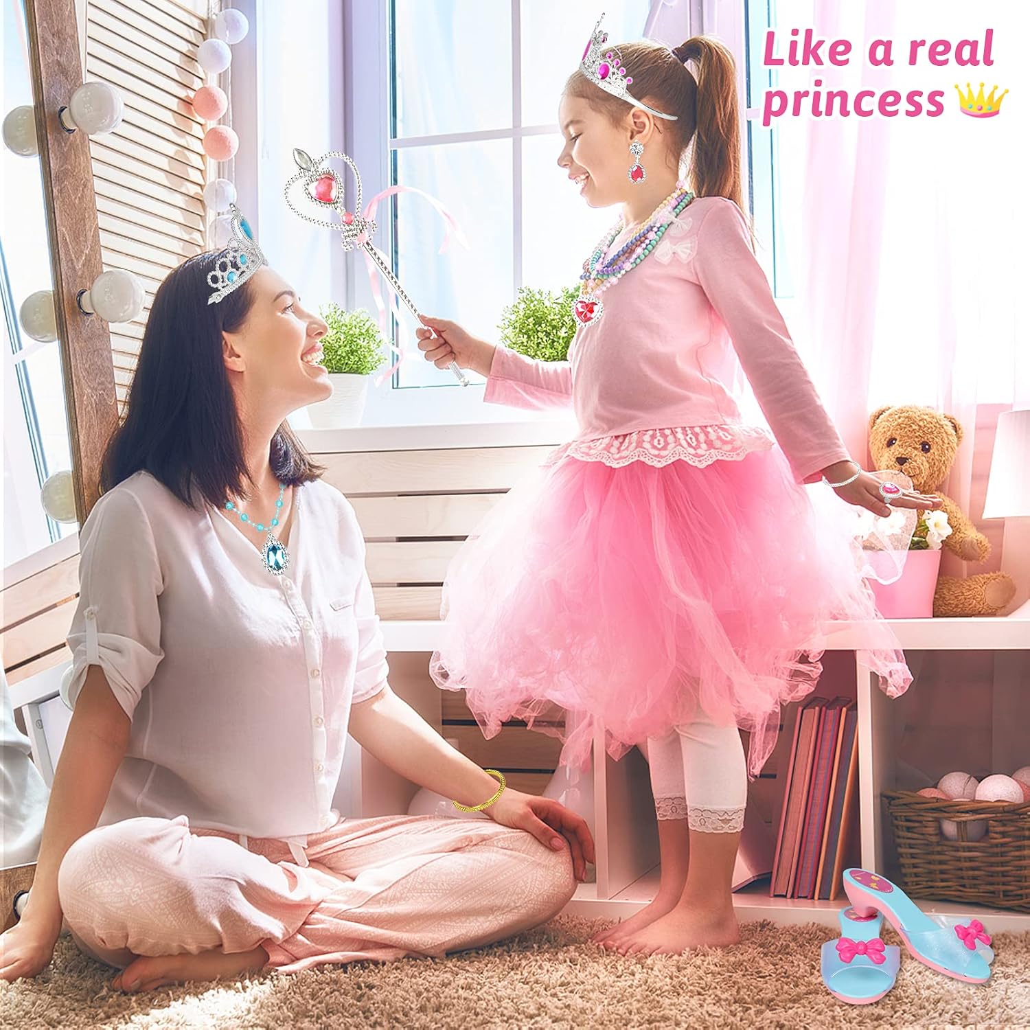 HOMOFY Princess Dress Up Shoes and Jewelry Boutique Princess Role Play 4 Pairs of Play Shoes Tiara and Jewelry Accessories Gift for Girl Aged 3,4,5,6 Years Old: Toys & Games
