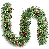 Christmas Garland, 9ft Pre-Lit Christmas Garland with Lights, Battery Operated with Pine Cones & Red Berries, Artificial Christmas Greenery for Mantle, Staircase, Doorway, Indoor Outdoor Decorations