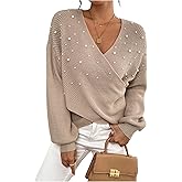 MakeMeChic Women's Pearl Wrap Sweater Long Sleeve Knit Pullover Holiday Sweaters