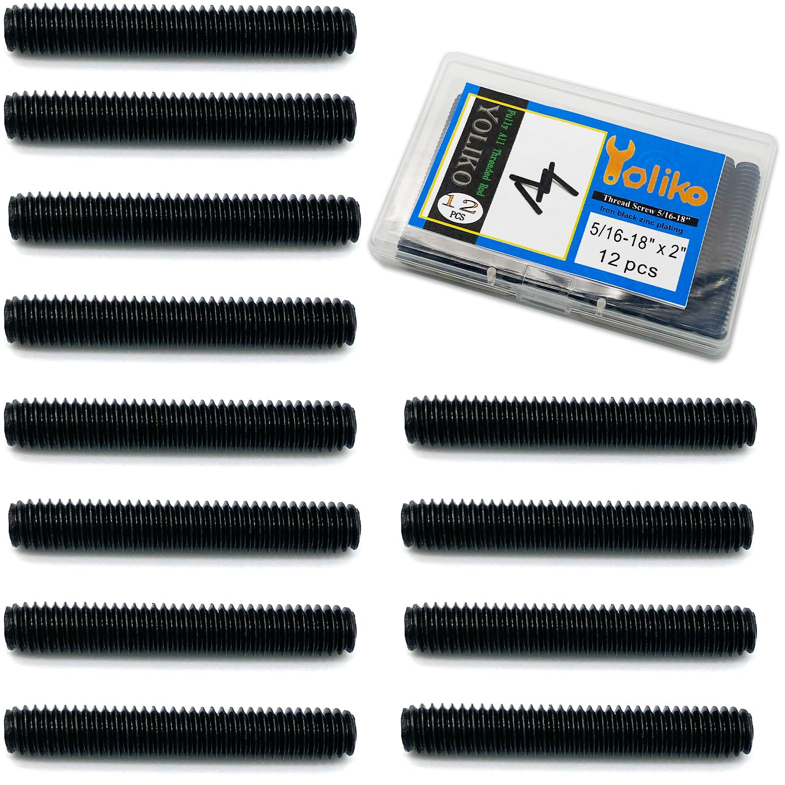 Photo 1 of 12pcs Black Zinc Fully All Threaded Rod Carbon Steel Long Thread Screw 5/16x2 for Furniture Garden Railing Mounting Assembly Fastening Steel Frame Connection Full Thread Rod for Furniture