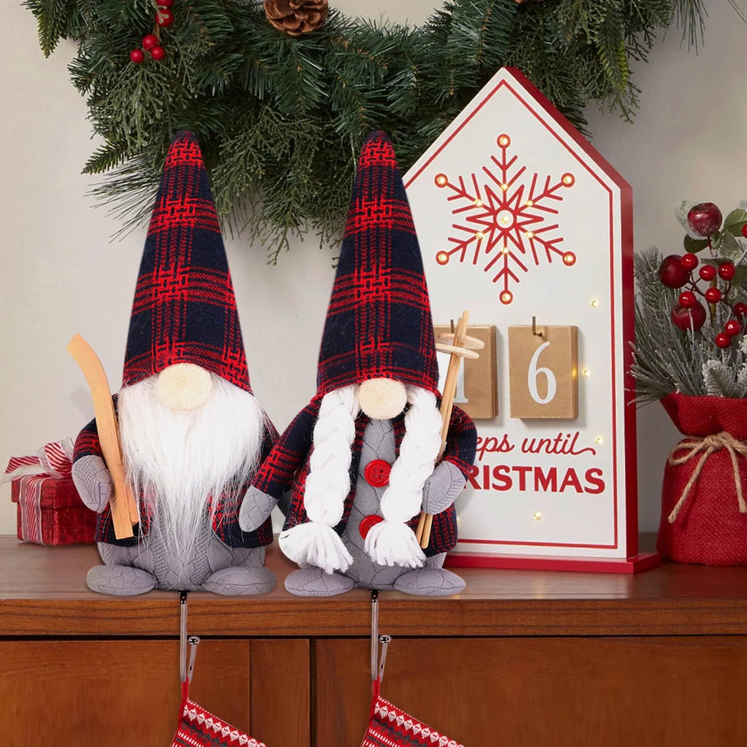 Stockings & Holders - Christmas Buffalo Plaid Gnomes Decorations for Home - 2 Pack Gnomes Winter Decor with Christmas Stocking Holders for Mantle - Christmas Decor for Mantle Fireplace Shelf Tiered Tray