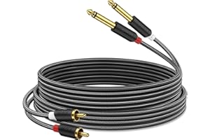 J&D Gold Plated Dual 1/4" TS to RCA Cable - Stereo Audio Interconnect with Nylon Braid for Mixer, Amplifier, 6 Feet