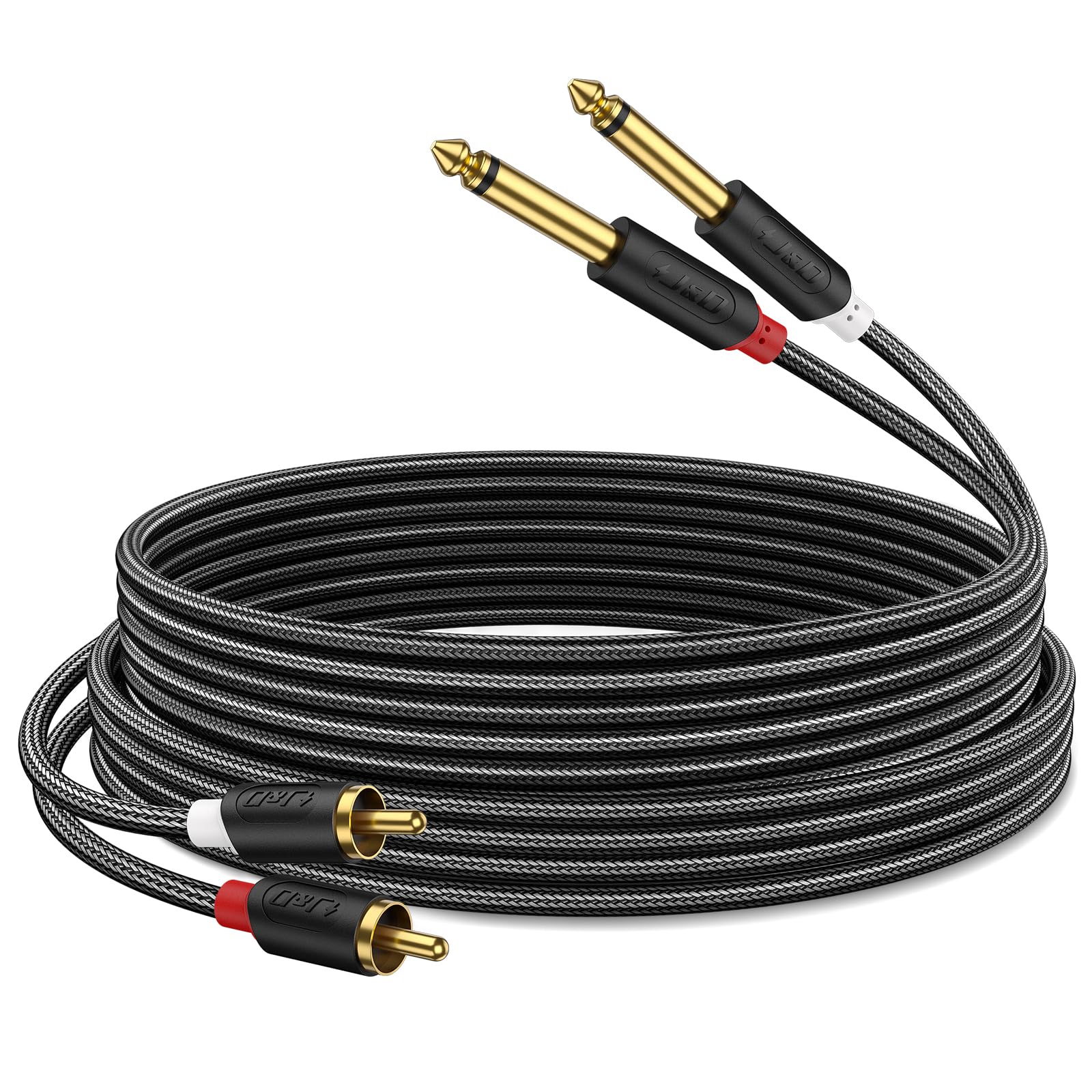J&D Dual 1/4" TS to RCA Cable - Gold Plated 6.35mm Male to RCA Male Stereo Audio Interconnect Cable with Nylon Braid for Mixer, Amplifier, 1.8 Meter