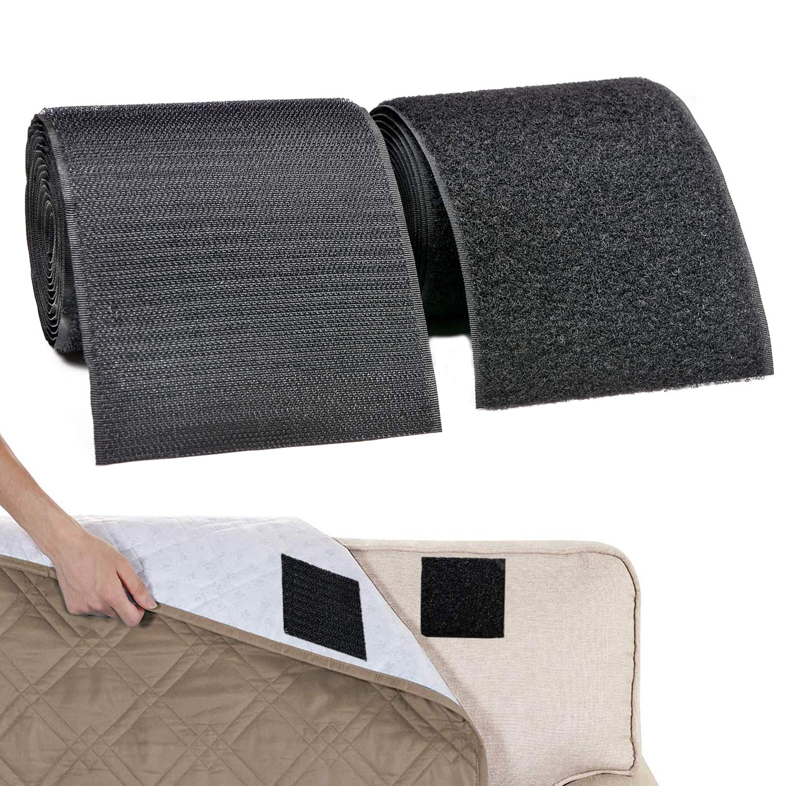 TEUVO Sew on Hook and Loop for Fabric, Non Adhesive Black Nylon Strips Set for Cable Management, Sewing, DIY Craft Around Home and Office, 11cm Wide and 2m Long