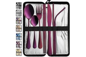 VANDBAO Portable Travel Utensils, Reusable Silverware with Case for Fixing Tableware, 9 Pieces Stainless Steel Stable Flatware Set, Camping Picnic Cutlery Set (Purple Set)