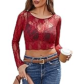 Avidlove Mesh Top Women Long Sleeve Crew Neck Sheer Blouse See Through Floral Lace Tops