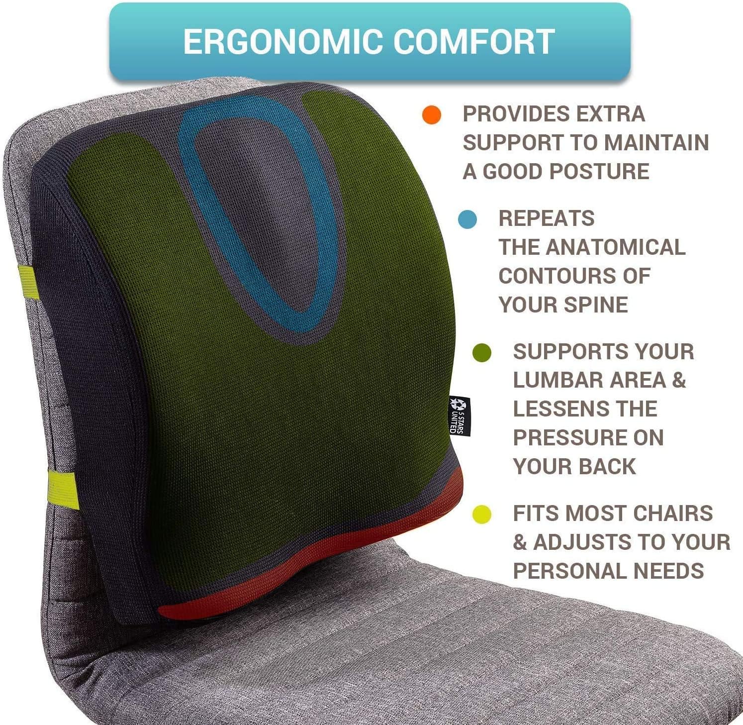 5 STARS UNITED Back Support for Office Chair - Memory Foam Lumbar Pillow - Perfect Cushion for Car, Computer and Desk Seat: Health & Personal Care
