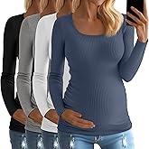 Huukeay 4 Pack Women's Cotton Maternity Tops Long Sleeve Ribbed Side Ruched Scoop Neck Shirts Casual Mama Pregnancy Clothes