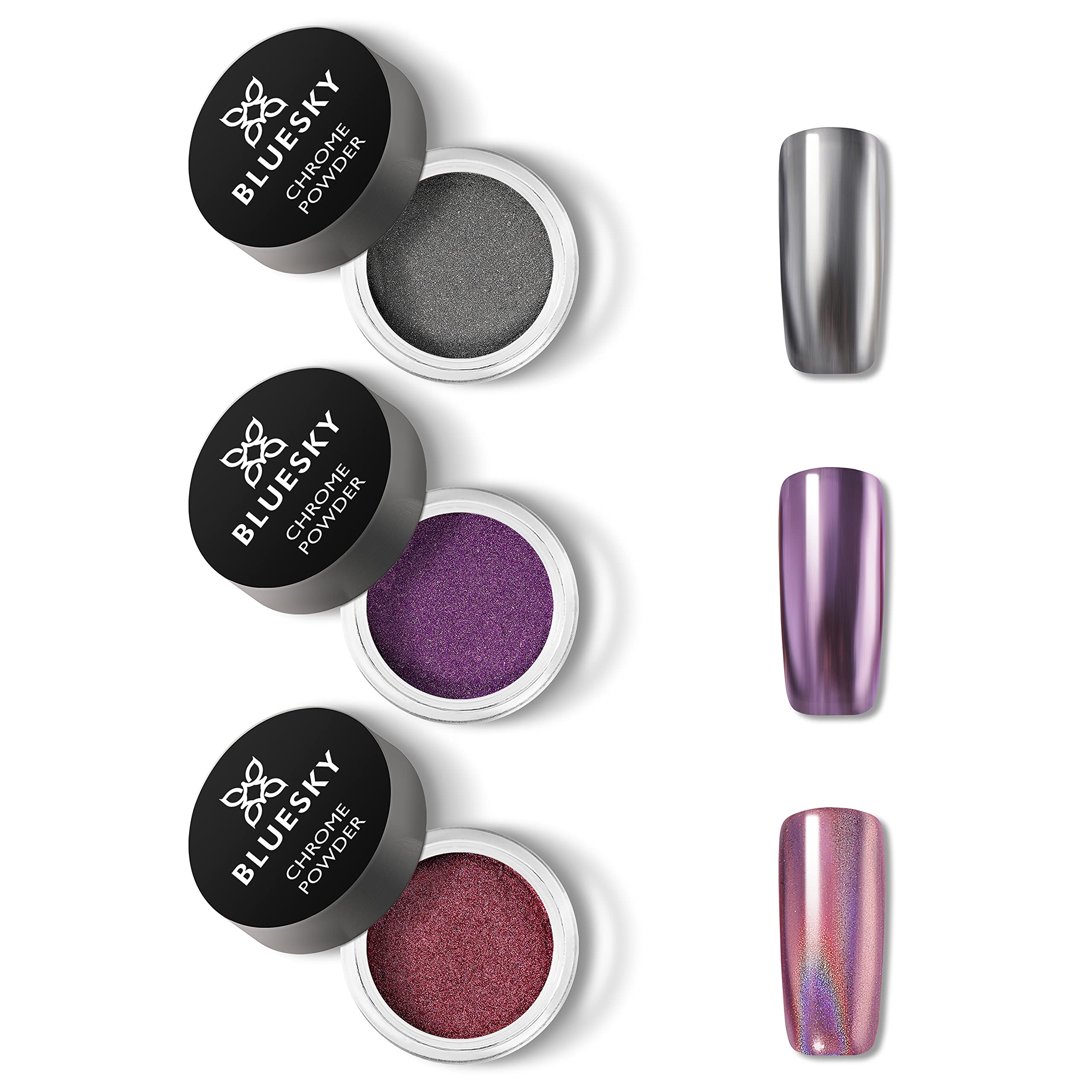 Bluesky Chrome Nail Powder Set With Applicator Brush Metallic Gel Nail Art Pink Purple Silver 3 x 5g