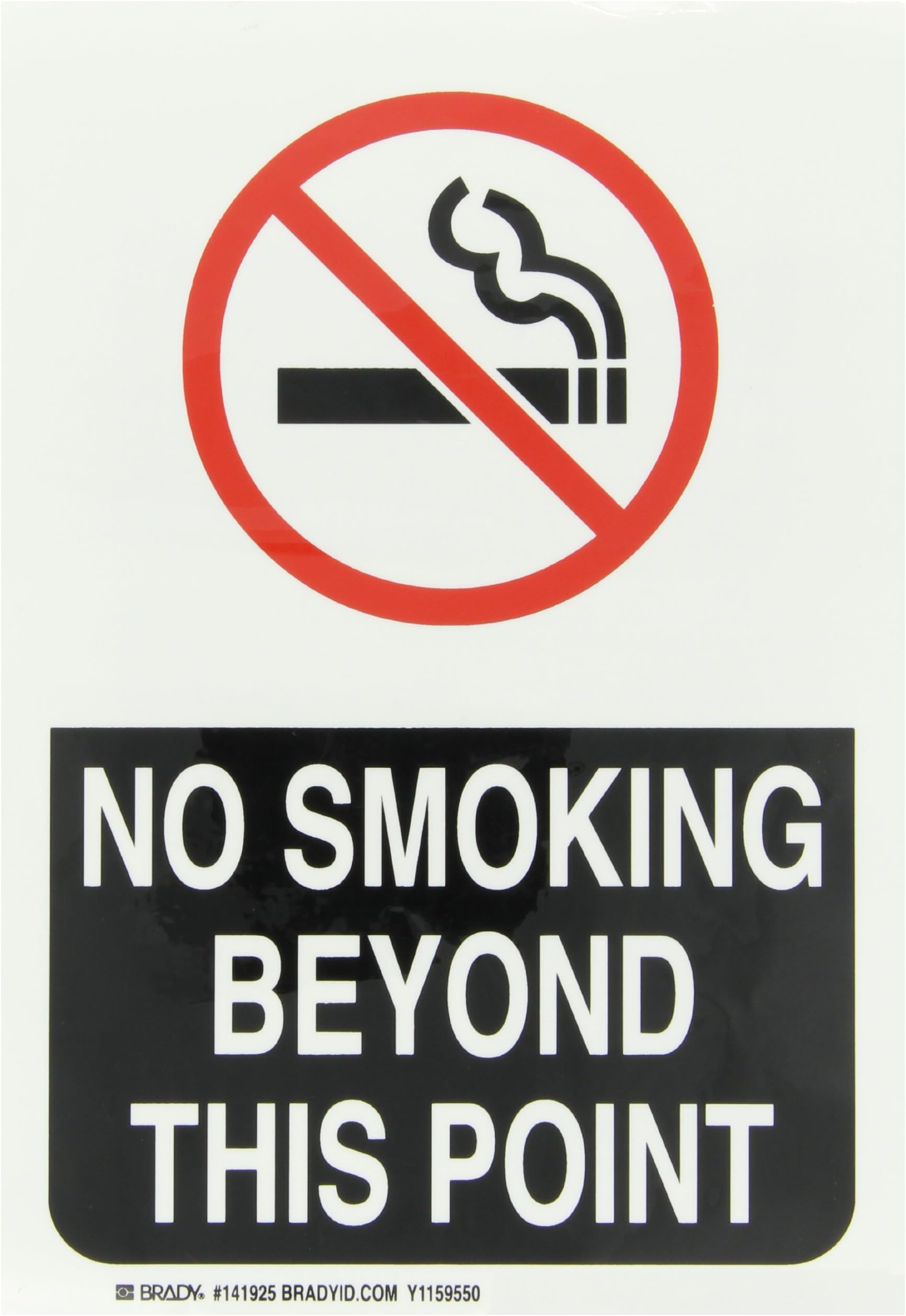 Brady 141925 10" Width x 7" Height B-302 High Performance Polyester, Red and Black on White Self-Sticking Sign, Legend "No Smoking Beyond This Point" (with Picto)