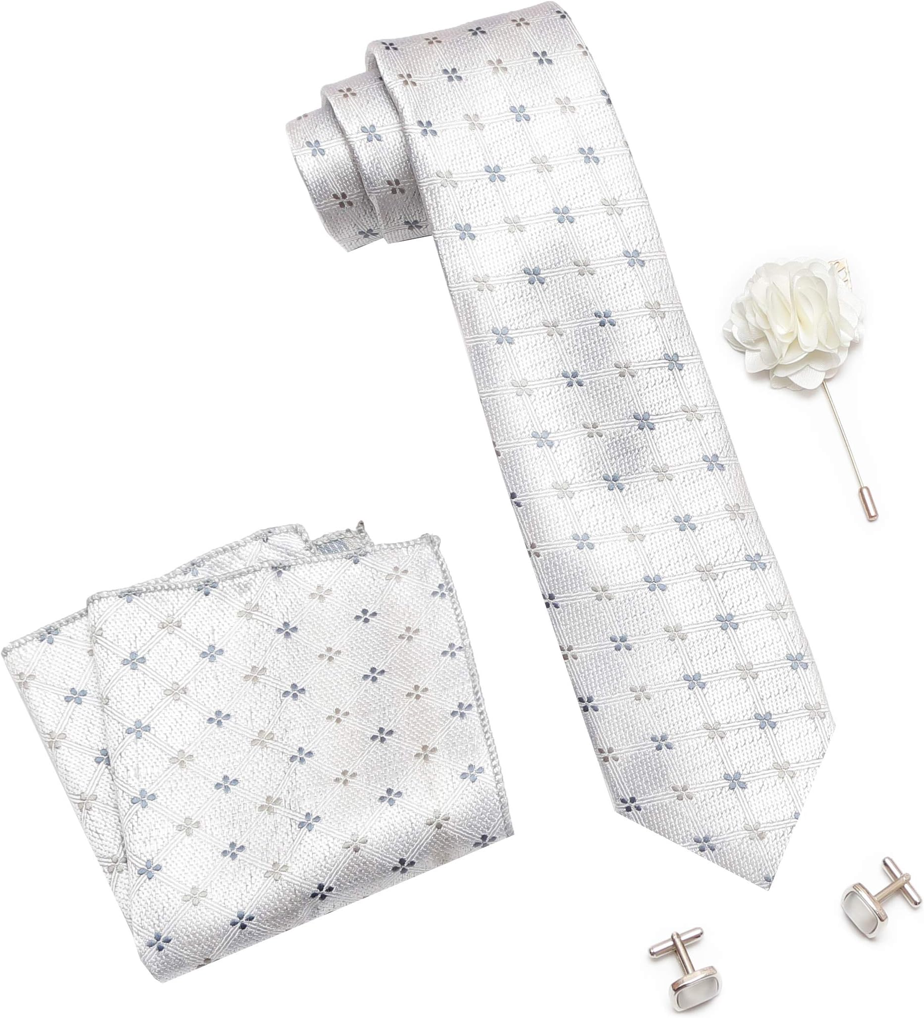 Men's Cotton Necktie,Pocket Square, Lapel pin Cufflinks Gift Set Silver Free Size