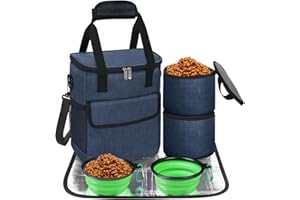 NECKORY Dog Travel Bag, Weekend Dog Travel Accessories for Camping, Pet Travel Bags with 2 Collapsible Dog Bowls, 2 Travel Dog Food Container, 1 Waterproof Pet Feeding Mat - S, Tibetan Blue