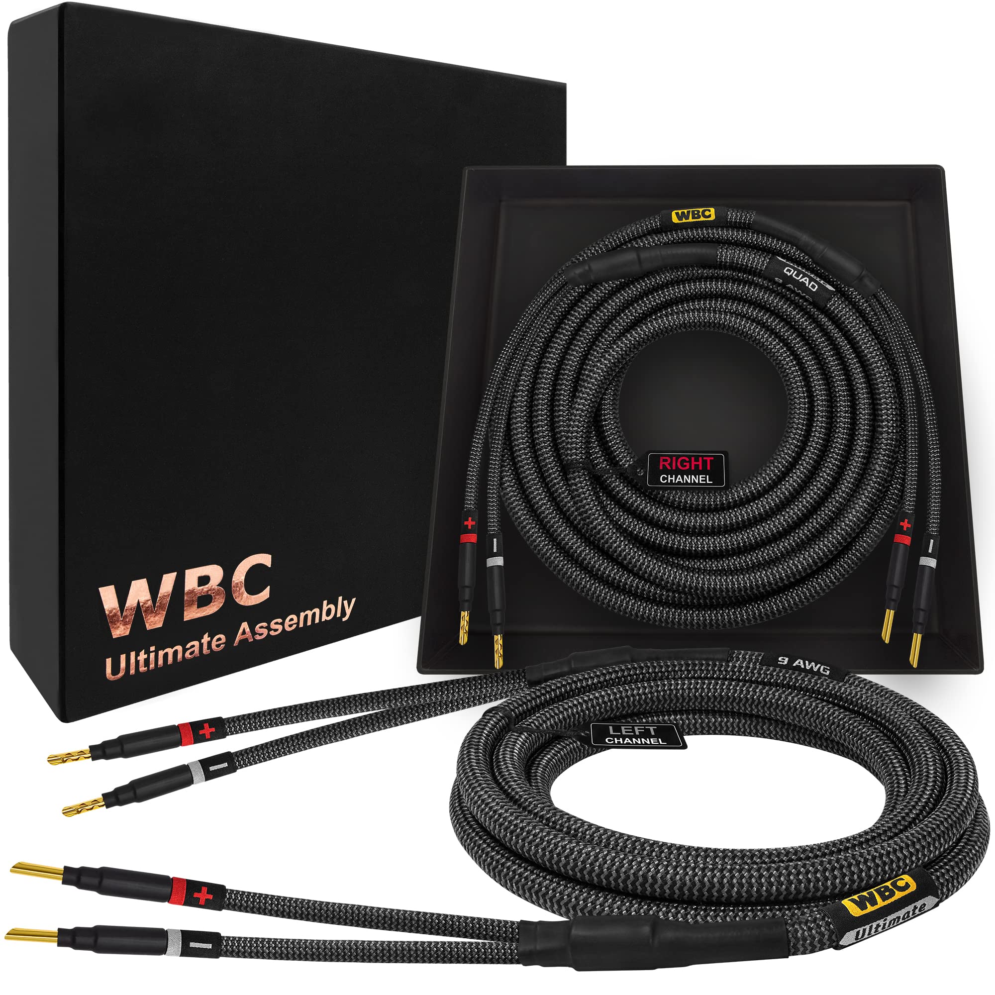 WORLDS BEST CABLES 3 Meter ULTIMATE - 9 AWG - Ultra-Pure OFC - Premium Audiophile HiFi Speaker Cable Pair with Eminence Gold Banana Plugs & Carbon Tweed Jacket