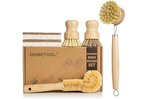 DEBETOOL 6 Piece Bamboo Dish Brush Set with Coconut Sponge - Wooden Dish Brush with Sisal and Palm Fiber, Natural Bamboo Dish Scrub Brush for Kitchen Cleaning Dishes, Pots, Pans, Bottles, Vegetables