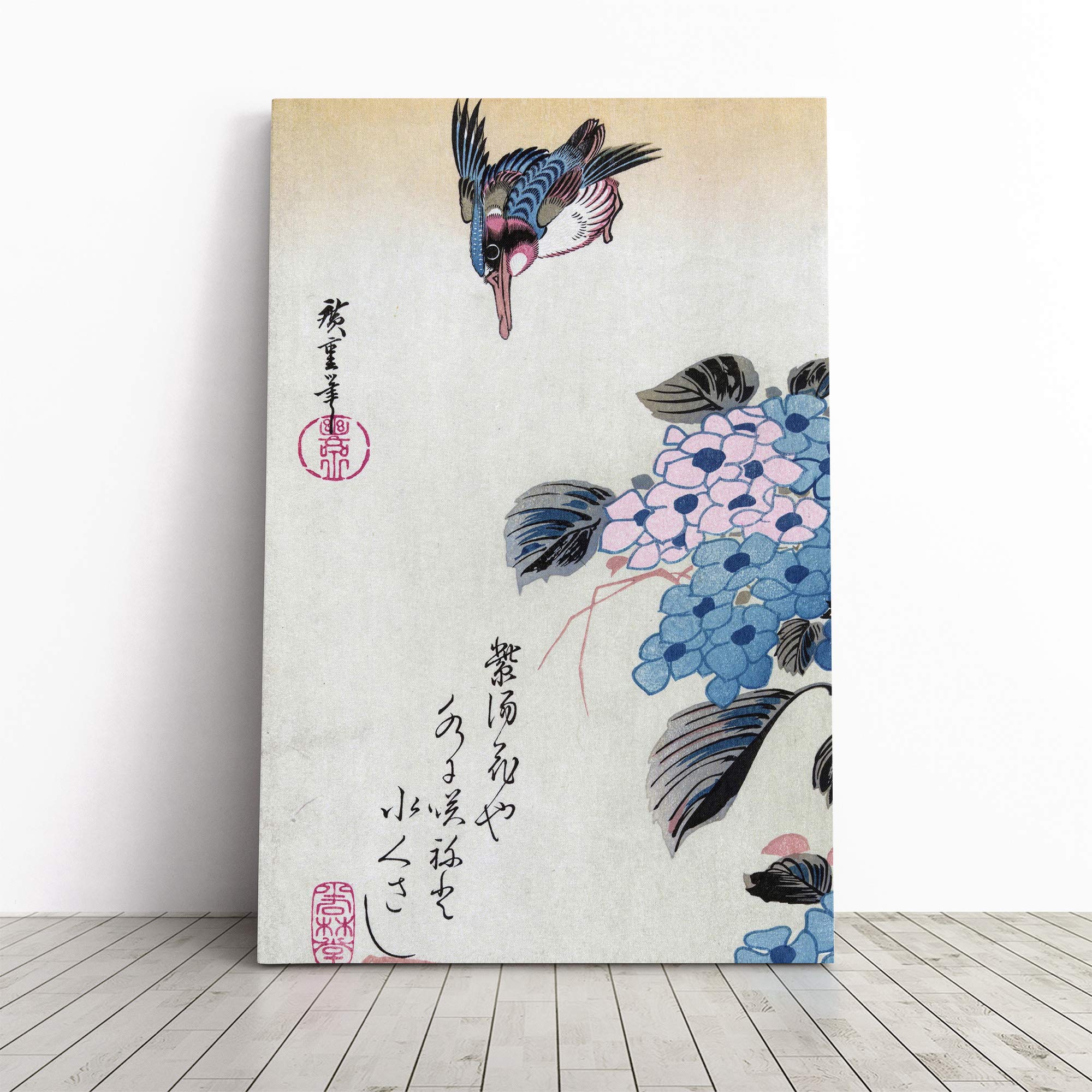Hiroshige Japanese Oriental Hydrangea and Kingfisher Canvas Print | Gallery Wrapped 30mm Frame Wall Art | 20x14 inches | Ready to Hang | Asian Bird Picture | Living Room Bedroom Lounge Office