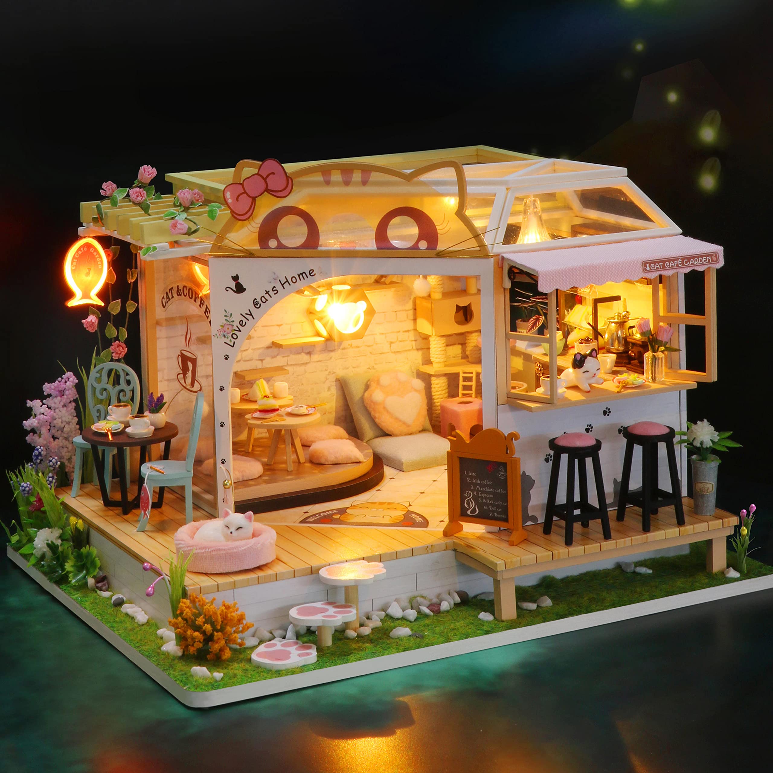 GuDoQi DIY Miniature Dollhouse Kit, Tiny House kit with Music, Miniature House Kit 1:24 Scale, Great Handmade Crafts Gift for Mother's Day Birthday Christmas Day,Lovely Cats' Coffee Shop