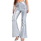 Odefou Sparkly Bell Bottom Jeans for Women Flare Silver Metallic Pants Bootcut Pantalones De Mujer Rave Outfits