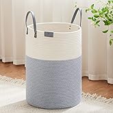 VIPOSCO Tall Laundry Basket, Large Dirty Clothes Hamper with Leather Handle, Woven Rope Storage Basket for Blanket, Toy In Living Room, Bathroom, Bedroom - 72L Grey & White