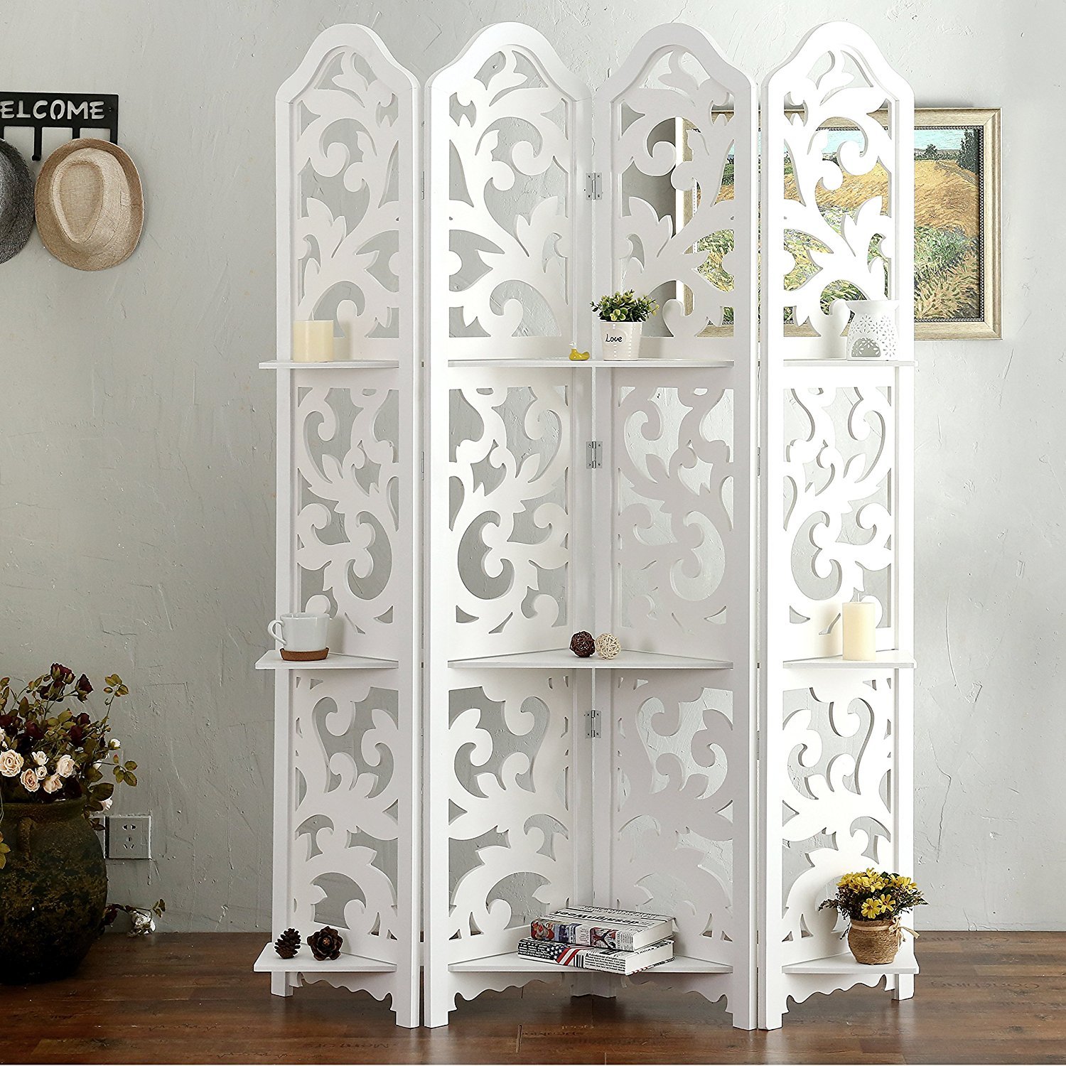 Shilpi Wooden Partitions Modern Room Separators For Living Room 4 Panels White Room Dividers Included Shelves Amazon In Home Kitchen