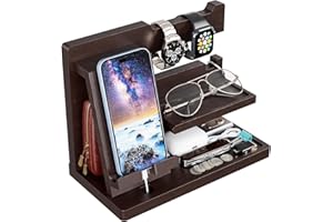 Yirilan Wood Phone Docking Station, Nightstand Organizer for Father Man, Birthday Gifts for Men/Dad/Boyfriend/Grandpa, Anniversary, Christmas, Graduation Travel Idea Gadgets-Brown