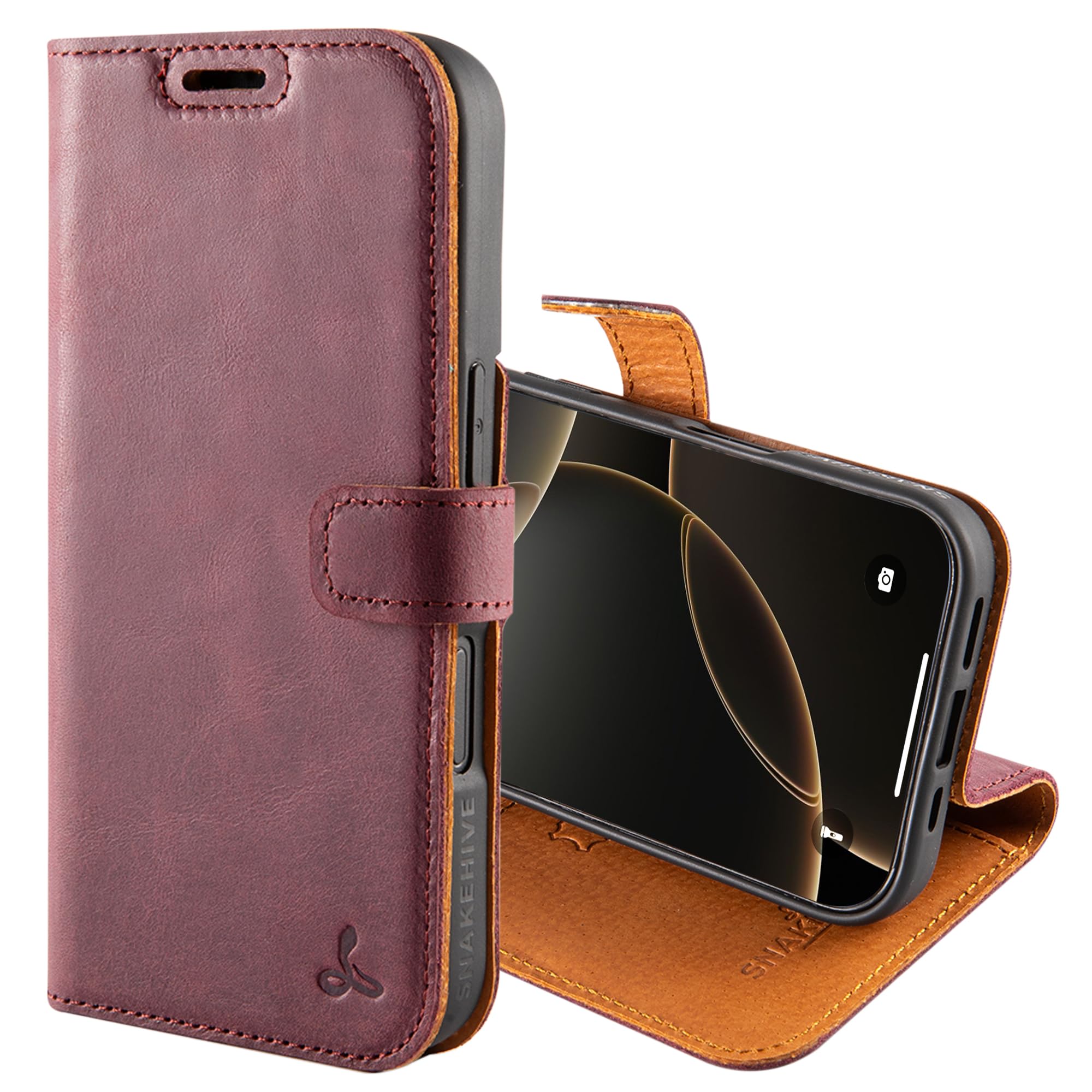 Snakehive Leather Wallet for iPhone 16 - Real Leather Wallet Phone Case - Genuine Leather with Viewing Stand and 4 Card Holder - Side Clasp Flip Folio Cover with Card Slot (Plum) — image 1