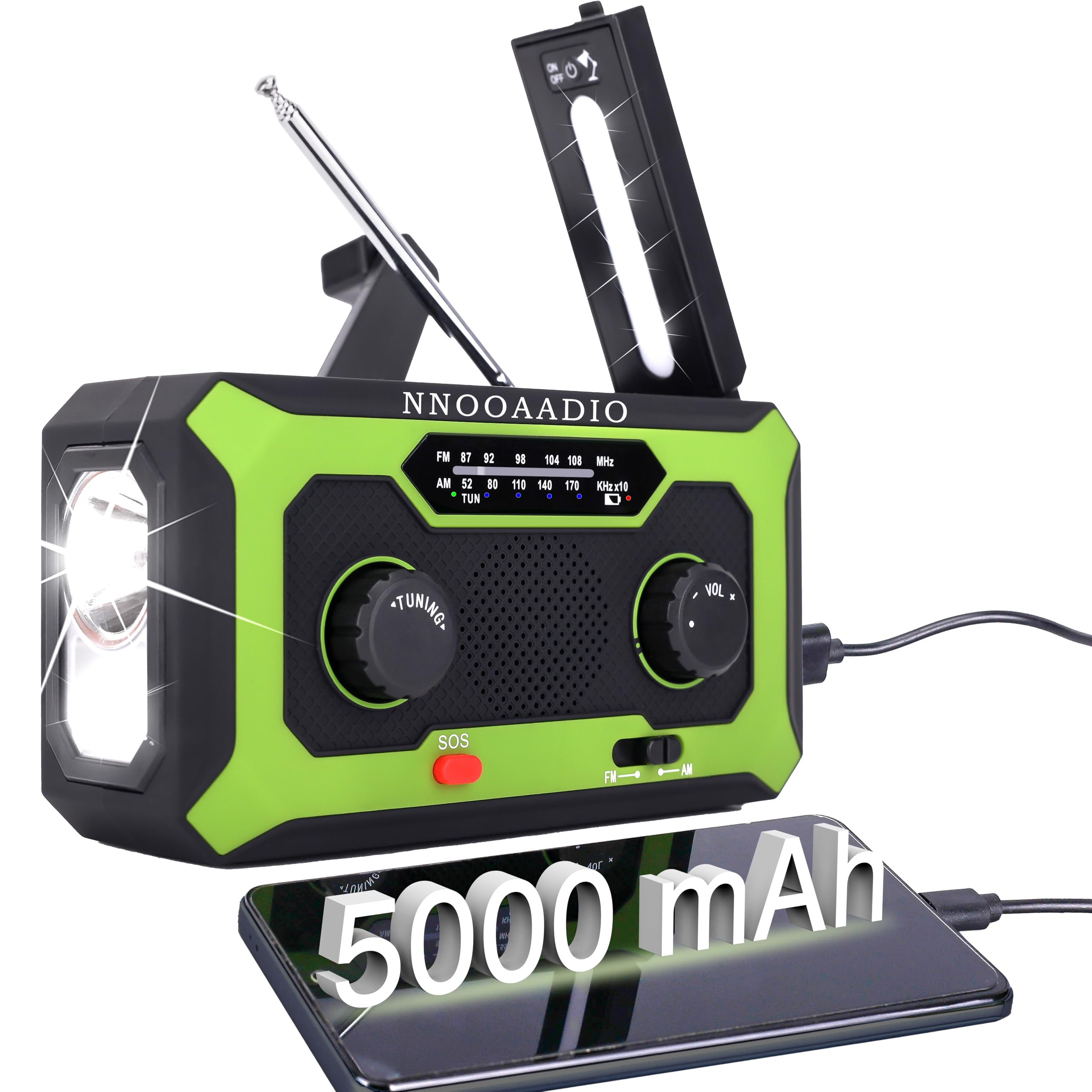 Wind Up Solar Radio, 5000mAh Rechargeable Emergency Hand Crank Dynamo AM FM Weather Radio Portable with Bright Flashlight Kit, SOS Alarm, Reading Lamp, Headphone Audio, for Camping Hiking (Upgraded)