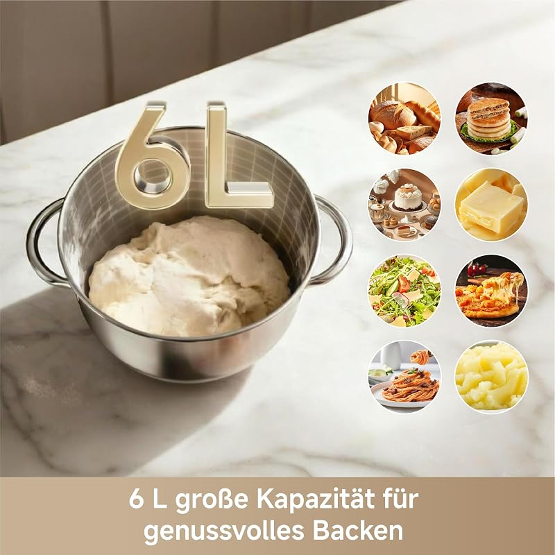 MX60 Küchenmaschine Standmixer Patentierter Doppelknethaken und ein lautloser 800-W-DC-Motor treiben die 6-L-Schüssel an. Intelligentes digitales Display, 12 Geschwindigkeiten