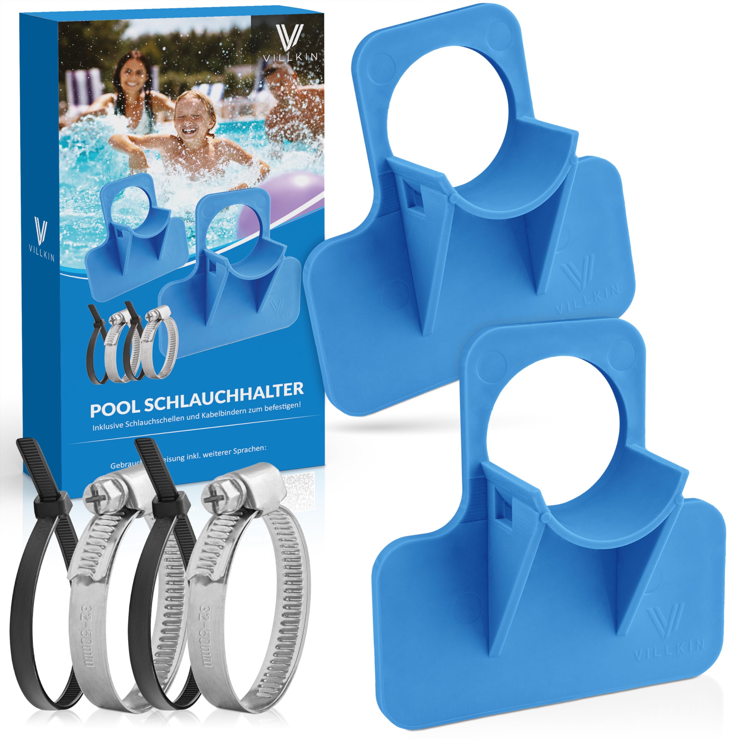 Villkin Pool Hose Holder (2 Pieces) - 26-38 mm - Includes Hose Clamps with Kink Protection for Pools (Blue)