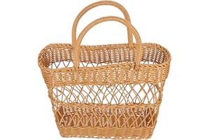 Homoyoyo Handmade Plastic Woven Picnic Basket with Handle, Wear-Resistant Fruit Storage Basket 32x14.5x40cm
