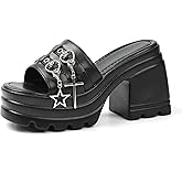 Yremael Women Black Gothic Sandals Chunky Buckle Heel Square Toe Slip On Block High Heel Dressy Shoes
