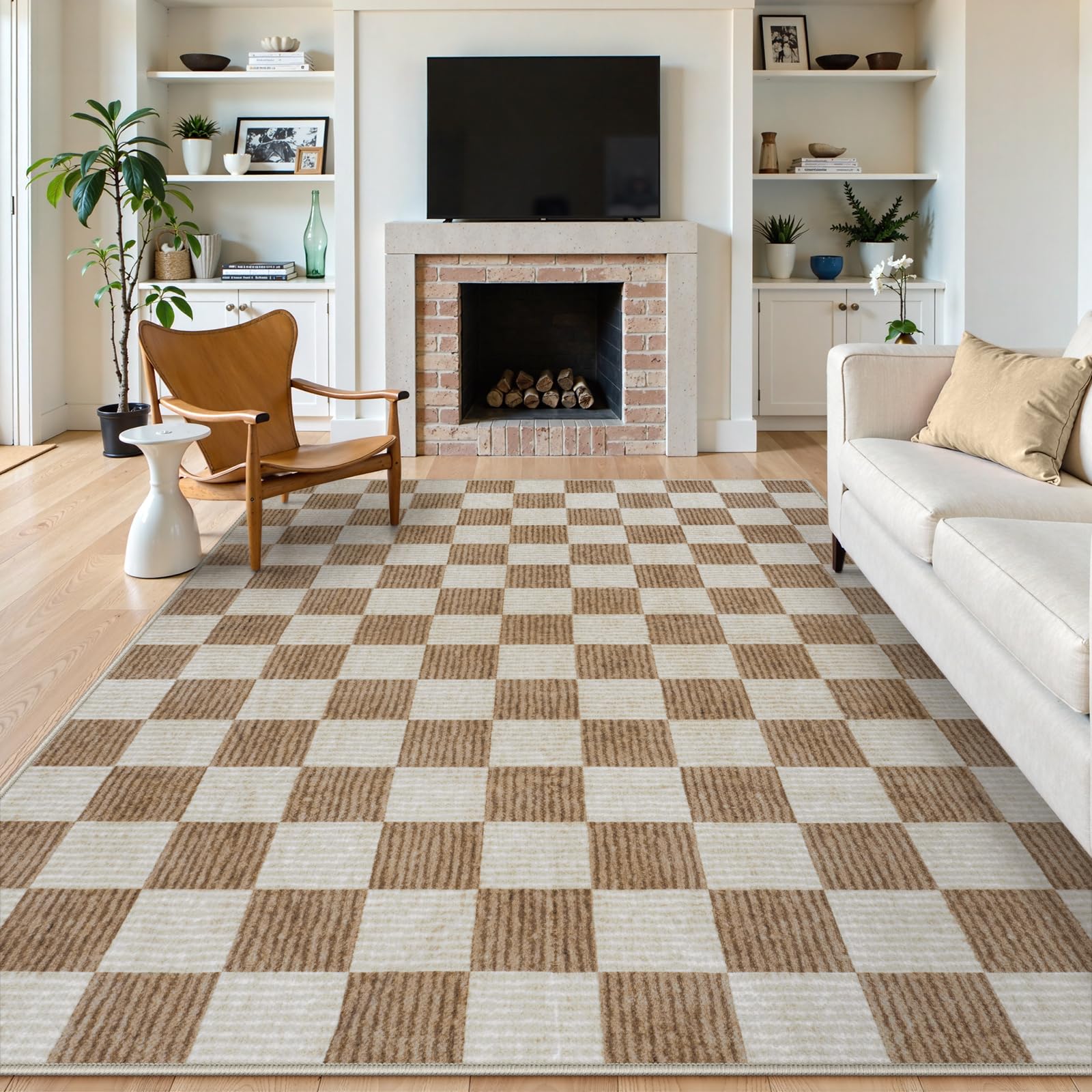LIVEBOX 8x10 Area Rugs for Living Room, Checkered Non-Slip Washable Rugs, Farmhouse Neutral Classic Geometric Pattern Large Boys Area Rug for Bedroom, Carpet for Dining Room Office(Brown,8'x10')
